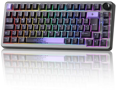 YUNZII B75 PRO ISO-DE Mechanische Gaming Tastatur (Black, Milk Switch) | 75% QWERTZ Layout (DE) mit Drehknopf, BT5.0/2.4GHz/USB-C, Vorgeschmierte Schalter, RGB für Win/Mac/PC