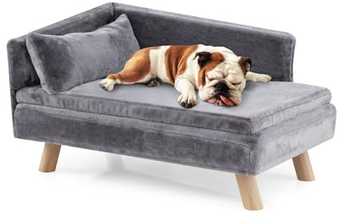 FANTASK Sofa Luxus für Hunde, katzensofa mit Rückenlehne & 2 Plüsch Kissens, Hundesofa erhöht bis 50 kg, Katzensessel Indoor für mittelgroße & kleine Katzen (Grau)