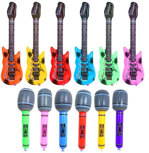 12 Pcs Inflatable Instruments Set, 6 Inflatable Guitar and Inflatable Microphone, Rock and Roll Musical Instruments Props Eurovision Party Decorations Fun Party Decoration Photo Booth Props