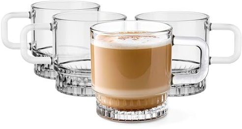 Glasmark KROSNO 1992 Juego de 4 Vasos de Café 240 ml Trasparentes con Asa - Tazas de Cristal para Té Bebidas Calientes y Postres - Diseño Elegante - Resistentes al Lavavajillas - Stella