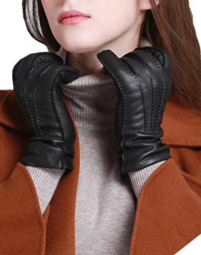 YISEVEN Lederhandschuhe Damen Hirschleder Kaschmir Handschuhe Gefüttert Handgenäht Leder Winter Elegant Warm Echtleder Autohandschuhe Winterhandschuhe Damenhandschuhe Frauen Geschenke, Schwarz S/6.5