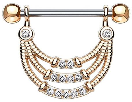 beyoutifulthings Brustwarzen-Piercing ANHÄNGER 3 Reihen ZIRKONIA Brust-Piercing Nippel-Piercing Edelstahl Clear ROSÈGOLD 1,6mm 14mm