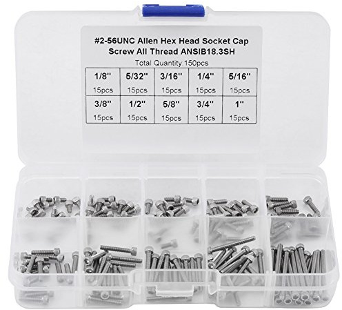 Akozon 150PCS 9 Größen Innensechskantschrauben Sortiment mit Kunststoff-Box # 2-56 UNC