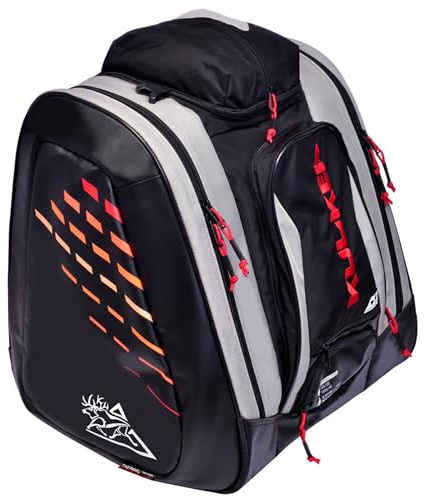 KULKEA Thermal Trekker Heated Ski Boot Backpack - Insulated Ski Boot Bag - Maximum Gear & Boot Storage - 3 Heat Settings - 120V Wall Plug & 12V Auto Plug - Water Resistant Backpack (Grey/Black/Red)