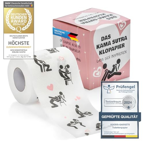 GOODS+GADGETS® Kamasutra Toilettenpapier Witziges Fun Klopapier Motiv | Lustiges Gag-Geschenk, erotisch bedruckt mit Kamasutra Stellungen, 200 Blatt mehrlagig, als Scherzartikel für Verliebte