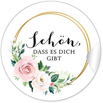 48 STICKER: Schön, dass es dich gibt Etiketten als Danksagung mit Rosen in Rosa und zwei Ringe in Goldgelb (kein Echtgold) als Siegel für Briefumschläge Anhänger oder Briefe zur Hochzeit Geburtstag