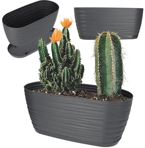 KADAX Pot de Fleurs en Plastique avec Soucoupe, Cache-Pot Moderne Ornée d'un Élégant Motif Ondulé pour Une Décoration Florale (Ovale, Anthracite, 27 cm)