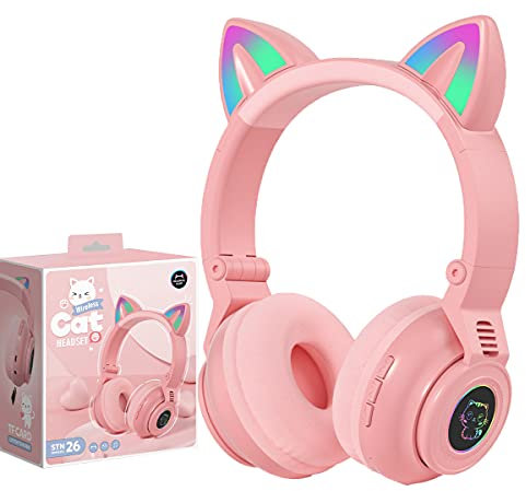 T/A Kids Headphones Wireless Light Up Cat Ear Bluetooth Headphones Over Ear Foldable Headphones Wireless/Wired On-Ear Stereo Headset with Microphone LED Light (PINK)