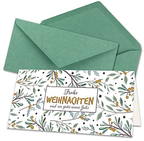 10x Weihnachtskarten-Set DIN Lang in Weiß mit Eukalyptus- und Mistelzweigen - Faltkarten mit Umschlägen DIN Lang Kraftpapier Eukalyptus mit Nassklebung - Weihnachtsgrüße für Firmen und Privat
