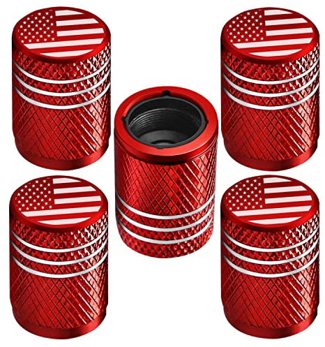 Tire Valve Stem Caps for Car Tire Cap 5 Pack Corrosion Resistant Leak-Proof Premium Alloy American Flag Universal for Car Bike Truck Motorcycle Red