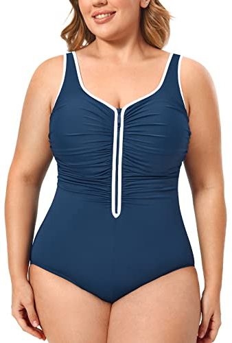 DELIMIRA Baddräkter För Kvinnor Med Inbyggd Kopp Plus Size Baddräkter I Ett Stycke Med Dragkedja Framtill Navy 46