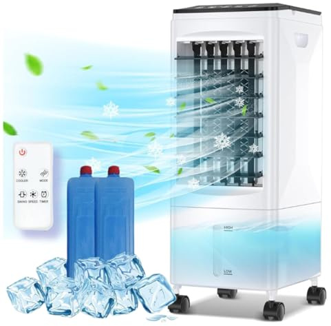 Enfriador de Aire Grande, Aire Acondicionado Portátil, Climatizador Evaporativo 60W con 6L Tanque, 1-7 H Temporizadores, 3 Velocidades con Ruedas y Control Remoto para Hogar Oficina