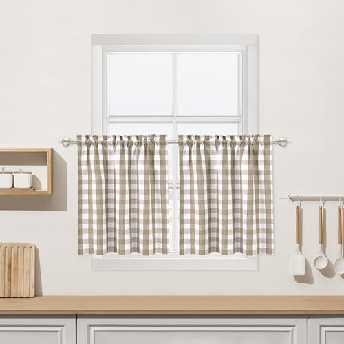 Beige Buffalo Plaid Cafe Curtains 30 Inch Length, Buffalo Check Kitchen Tier Curtains, Farmhouse Gingham Rod Pocket Short Half Window Curtain for Kitchen Bathroom, 28W x 30L, Linen, Set of 2