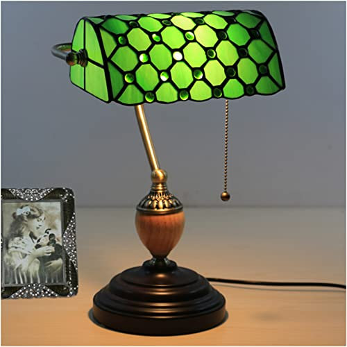 BOTOWI Bankers Lampe Grün Buntglas Schreibtischlampe, Tiffany Lampe, Vintage Tischlampe Mit Legierung Sockel Antike Kristallperlen Nachttischlampe Für Wohnzimmer Schlafzimmer Büro Home Decoration,G