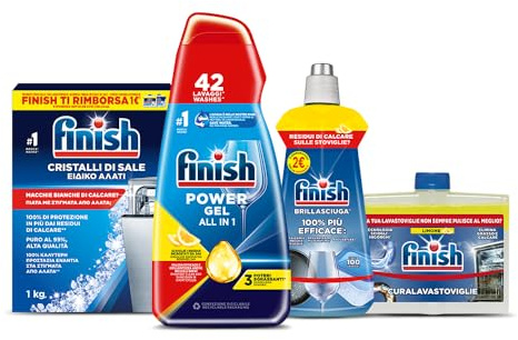 Finish Kit Lavastoviglie; Finish Powergel Detersivo Liquido Lavastoviglie Lemon 42 Lavaggi, Brillantante Lemon 500ml, Curalavastoviglie Lemon 250ml