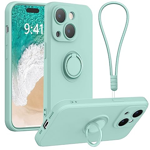 Galful iPhone 14 Case with 360°Ring Holder Kickstand for Magnetic Car Mount iPhone 14 Phone Case with Wrist Strap Flexible Silicone Stand Magnetic Shockproof Cover for iPhone 14,Light Cyan