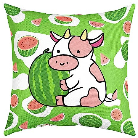Homemissing Funda de almohada con diseño de vaca lechera y sandía, funda de almohada para niños, decoración de animales de frutas kawaii, funda de almohada para sofá, color verde vivo, 24 x 24