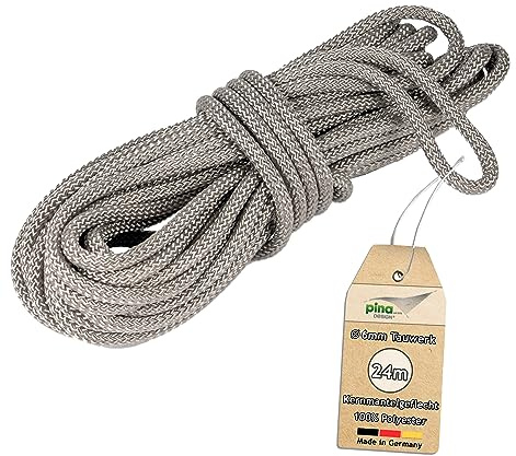 Pina DESIGN seit 1979-24m Tauwerk, Ø 6mm Seil für Sonnensegel aus Polyester Silber-grau | für Flaschenzug, Umlenkrolle, Seilzug & Boote, 800kg Reißlast & Bruchlast 1050 daN (Tauwerk)
