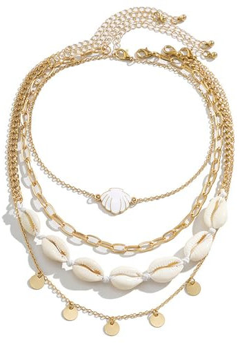 Wnddle 4 Stück Muschel Halskette Set, Natürliche Muschelketten, Layering Kette Goldn, Damen Natural Shell Choker Halsketten, Boho Muschelkette, für Damen Mädchen Sommer Strand Schmuck