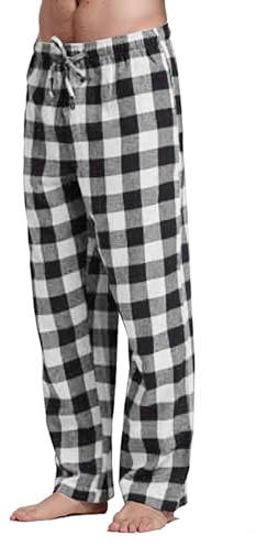 Herren Schlafanzughose Lang Baumwolle Karierte Schlafhose Superweich Pyjamahose Flanell Pyjamaunterteil Freizeithose Loungehose Männer Schlaf-Hose für Herren Pyjama Hose Nachtwäsche (Black, L)