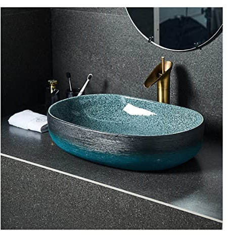 GLigeT Aufsatzwaschbecken Keramik-Badezimmerwaschbecken, Einzelwaschbecken, Kunst-Retro-Aufsatzwaschbecken, Haushalts-Badezimmerwaschbecken, 45,7 x 33 cm, oval, blau Waschbecken