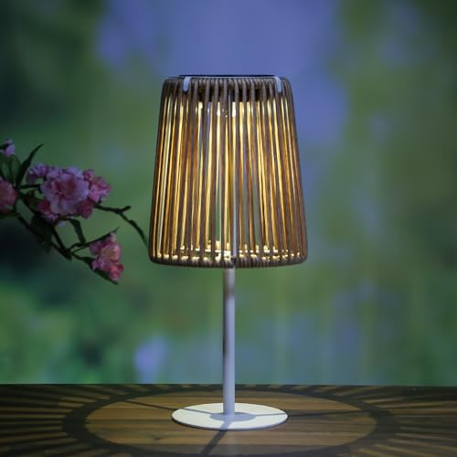 MARELIDA LED Solar Tischleuchte aus Kunststoffseil in Rattanoptik Korboptik warmweiß H: 19cm Tischlampe für Außen Balkon und Terrasse mit Lichtsensor Solarleuchte (Braun)
