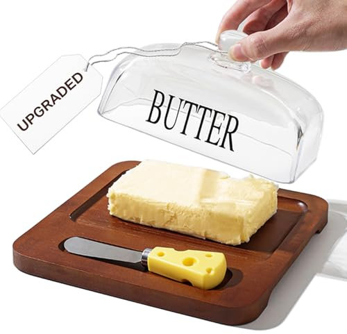 BAKPOCO Mantequillera – Mantequera de vidrio con tapa para encimera para mantener la mantequilla suave, recipiente grande de mantequilla de cocina y estuche de almacenamiento con cuchillo de