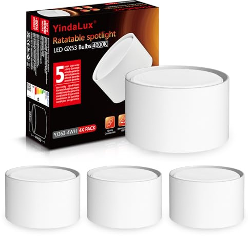 YindaLux Pack 4 Focos LED Interior Techo, Foco Techo orientable 6W 660LM GX53 4000K intercambiable, Lampara Focos Techo Superficie 230V, Aplique Techo Ø84x50mm 30° Giratorio Blanco