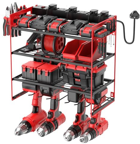 Jgstkcity Power Tool Organizer with 6 Way Extension Lead,4 Layer Wall Mount Drill Holder with 13A Multi Plug Switched Power Distribution Unit,4 Drills Storage Shelf Shop Garage Utility Rack