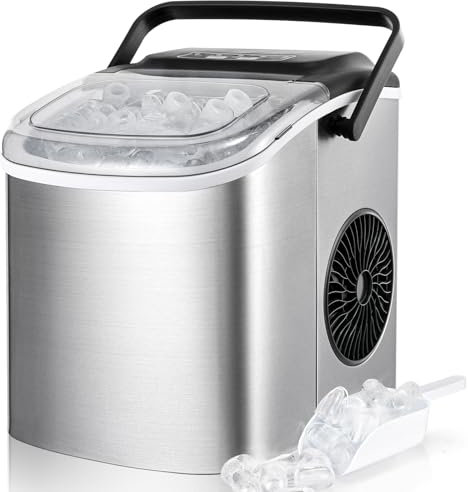 Macchina Ghiaccio, 12 kg/24h, 9 Cubetti di Ghiaccio in 6 Minuti, 2 Dimensioni di Ghiaccio, Silenzioso, Macchina del Ghiaccio con Maniglia, Macchina per il Ghiaccio Autopulente per Cucina/Ufficio/Bar