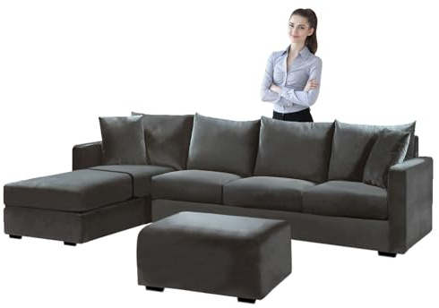 SYLC Samt Couch überzug L Form Sofabezug Ecksofa, Sofa Cover L Shape Stretch Mit Sitzkissen Rückenlehne, Universal Sofaüberwurf Waschbar (Dark Gray,Sofabezug 230-300cm)