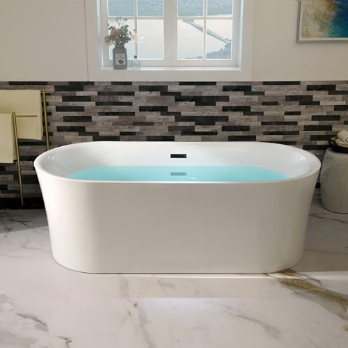 WOODBRIDGE 67 Acrylic Freestanding Bathtub Contemporary Soaking Tub with Matte Black Overflow and Drain,White Tub,B0057-MB