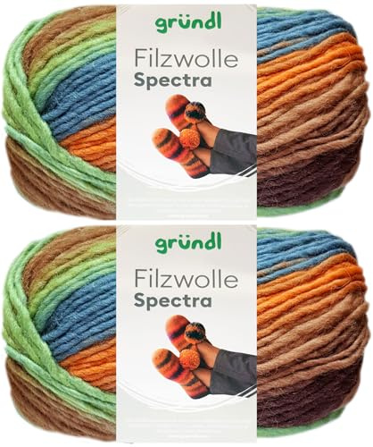 2x100 Gramm Gründl Filzwolle Spectra aus 100% reiner Schurwolle inkl. Anleitung für Filzschuhe (02 Amazonas Multicolor)