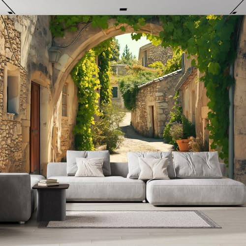 Panoramique Papier peint soie 150×105 cm Mural， Rue Ville Rétro Feuilles Vertes Tapisserie Photo Peinture Murale Décoration Convient pour la décoration du salon et de la chambre