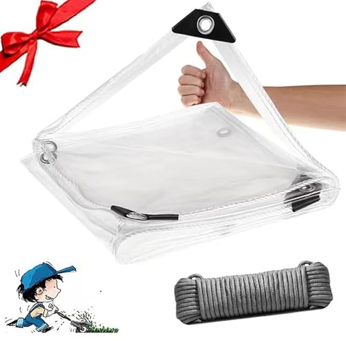 Clear Waterproof Tarps(Increase Grommets+Windproof Rope) Poly Tarpaulin Outdoor Garden Rainproof Covering,for Patio,Porch and Outdoor 10x12ft (3x3.6m)