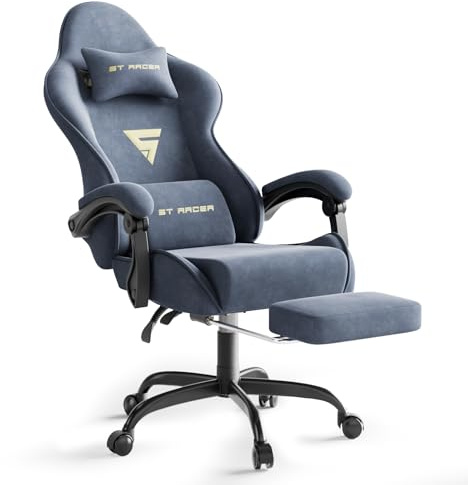 Ferghana Sedia Gaming, Sedia da Gaming Ergonomica Sedia da Gaming in Velluto, Sedia Gamer con Cuscino Lombare Massaggiante, Poggiapiedi, sedia ufficio, Capacità di Peso di 250 Libbre, Blu acciaio