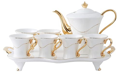 Tea Set Coffee Cup Set Tea Cup Set 8 Pieces Tea Set Gold Trim European Style for Party Dinner Glazed Porcelain Coffee Tea Service (White Set of 8)
