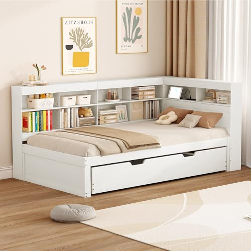 ZYLOYAL10 Schlafsofa, ausziehbares Bett 90 * 190 mit USB-Steckdose und Mehreren Ablagefächern, Massivholzbett, Doppelbett, Multifunktionsbett aus Holz (Weiß, 90 * 200CM)