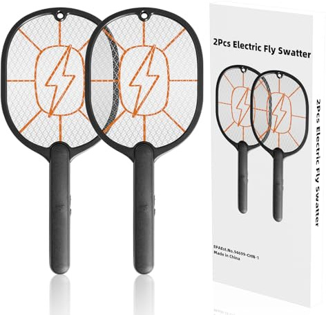 2 Pack Electric Fly Swatter 3000V Battery Powered Handheld Bug Zapper Racket 3-Layer Protection Grid Mosquito Zapper for Home Bedroom Kitchen Office Backyard Patio Indoor Outdoor