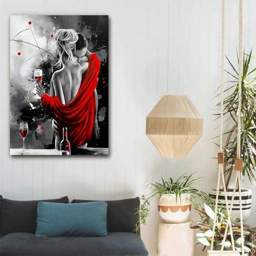 PEWFBS Rotwein und roter Vorhang, romantisches Paar, Gemälde, Leinwand, Kunstdruck, Poster für modernes Wohnzimmer, Badezimmer, Schlafzimmer, 30 x 40 cm, ohne Rahmen