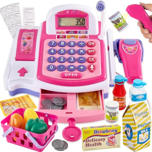 BUYGER Grande Registratore di Cassa Giocattolo per Bambini con Stampante per Ricevute, Scanner, Microfono, Calcolatrice, Supermercato Giochi di Ruolo Regalo per Bambina 3 + Anni