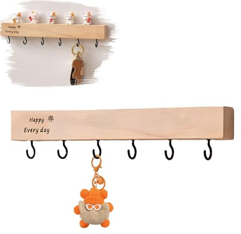 FontFable Wooden Key Hooks with 6 Hooks, No Drilling Required, Self-Adhesive Key Holder, Hallway Wall Mount Keychain, Key Holder Wall Mount for Corridor, Living Room (Black)