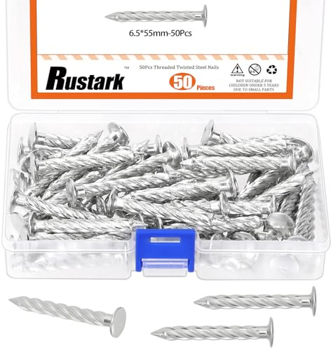Rustark Juego de 50 clavos de cemento de 6,5 x 55 mm, clavos de rosca, clavos de hormigón antiaflojamiento, clavos de pared galvanizados sólidos para carpintería y paredes de cemento