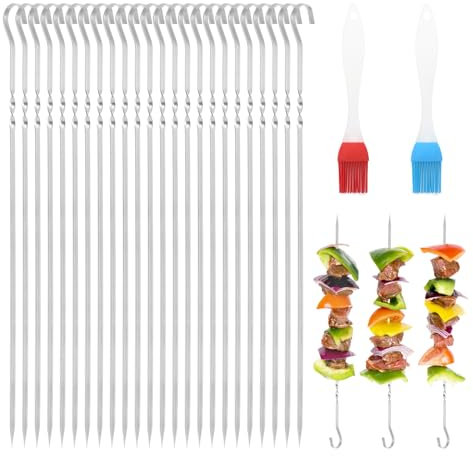 APOMOONS Pack of 50 Stainless Steel Barbecue Skewers with 2 Silicone Grill Brushes, 30 cm Flat Kebab Skewers, Stainless Steel, Reusable Kebab Skewers, Grilling, Barbecue Skewers with Non-Slip Spiral
