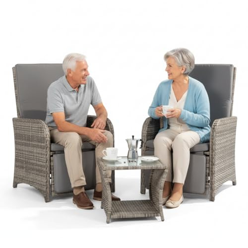 Mucola Gartenmöbel Set Polyrattan 2 Sessel mit Beistelltisch Grau | Rückenlehnen verstellbar, UV-beständig, wetterfest, pulverbeschichtetes Metallgestell, waschbare Kissenbezüge, Glasplatte