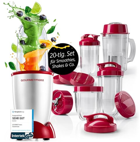 GOURMETmaxx Mr. Magic Power Pro Mixer 400 Watt | Smoothie Maker mit to go Deckel | Standmixer mit Mixbecher & Frischhaltedeckel zum Aufbewahren | Blender mit Zubehörset XL für Shakes, Smoothies etc.