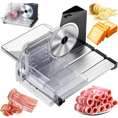 Cortador eléctrico de carne con grosor ajustable, hoja de acero inoxidable y diseño plegable para uso doméstico en rebanar delicatessen, carne, queso y pan
