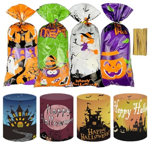 PacuM 58 Stück Halloween Tischdeko Inklusive 50 Halloween Tüten | für Süßigkeiten und 8 Laternendekoration Kürbis Windlicht Kürbis Kerze Geisterschloss Fledermaus Spinnennetz Muster Design