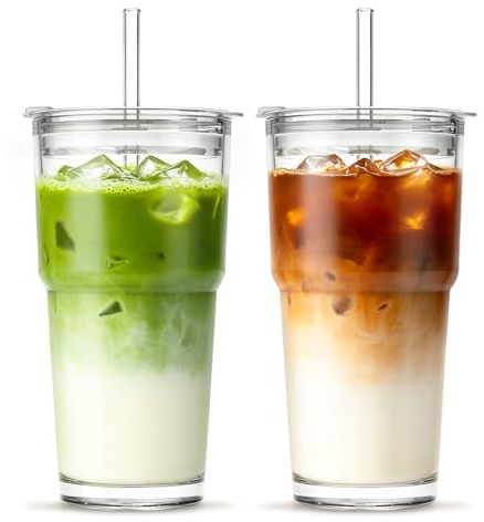 INSETLAN 20oz Clear Glass Cup with Lid and Glass Straw, Set of 2 Thickened Glass Coffee Tumblers, Drinking Glasses with Straw for Smoothie, Tea, Milk, Whiskey, Water and More – Elegant & Durable
