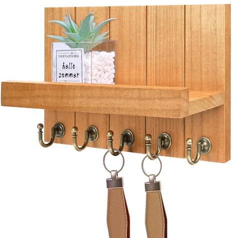Kldgris Schlüsselbrett mit Ablage, Schlüsselbrett Holz, Dekoratives Holz Wandregal, mit 5 Schlüsselhaken, für Eingang, Flur, Schlafzimmer, Wohnzimmer, Gelb